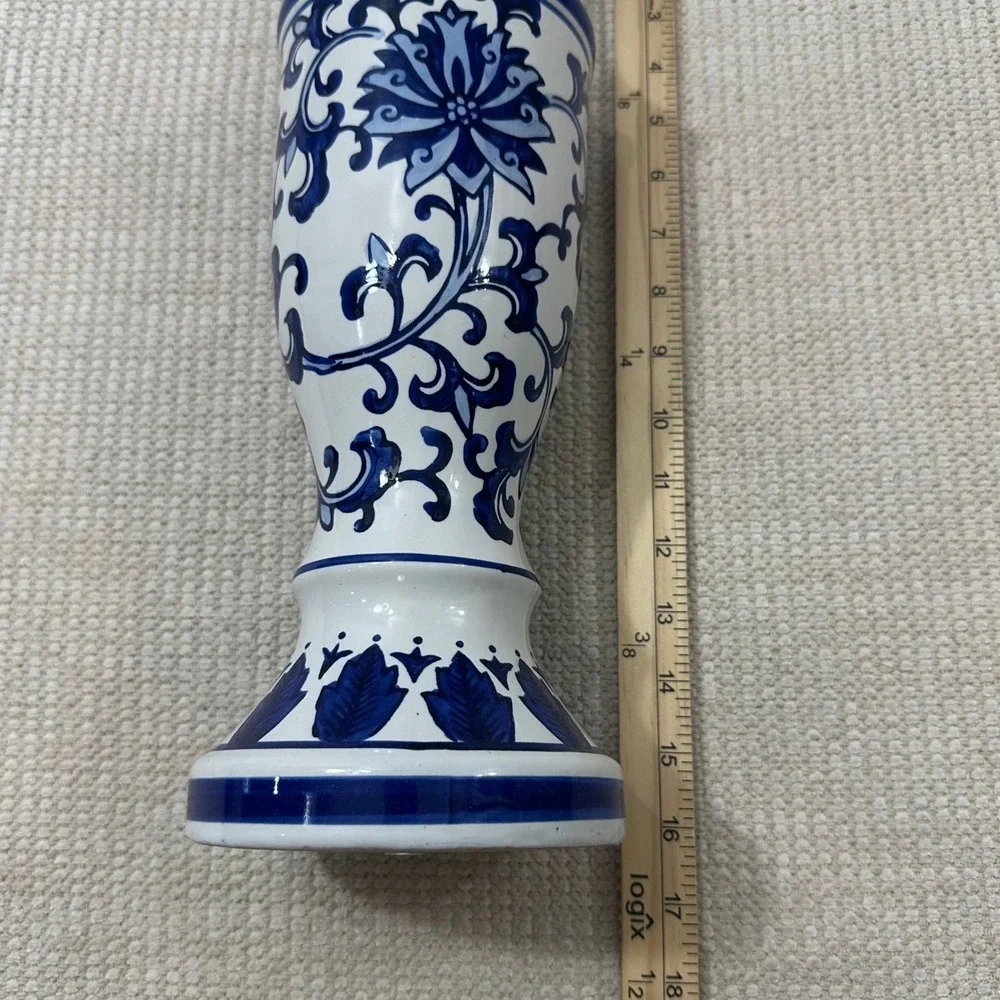 Blue and White Chinoiserie Ceramic Pillar Candle Holder Floral 15.5 Inch Tall